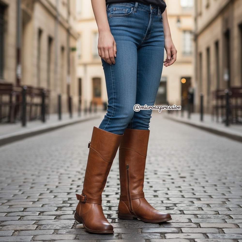 Frye Phillip Riding Knee High Cognac Real Leather Tall Buckle Vintage Low Boots - Picture 4 of 14